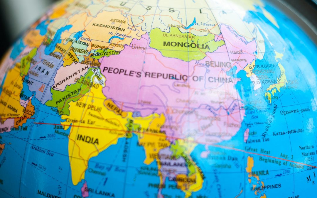 China, Mongolia, India, Pakistan and Iran on the globe map.