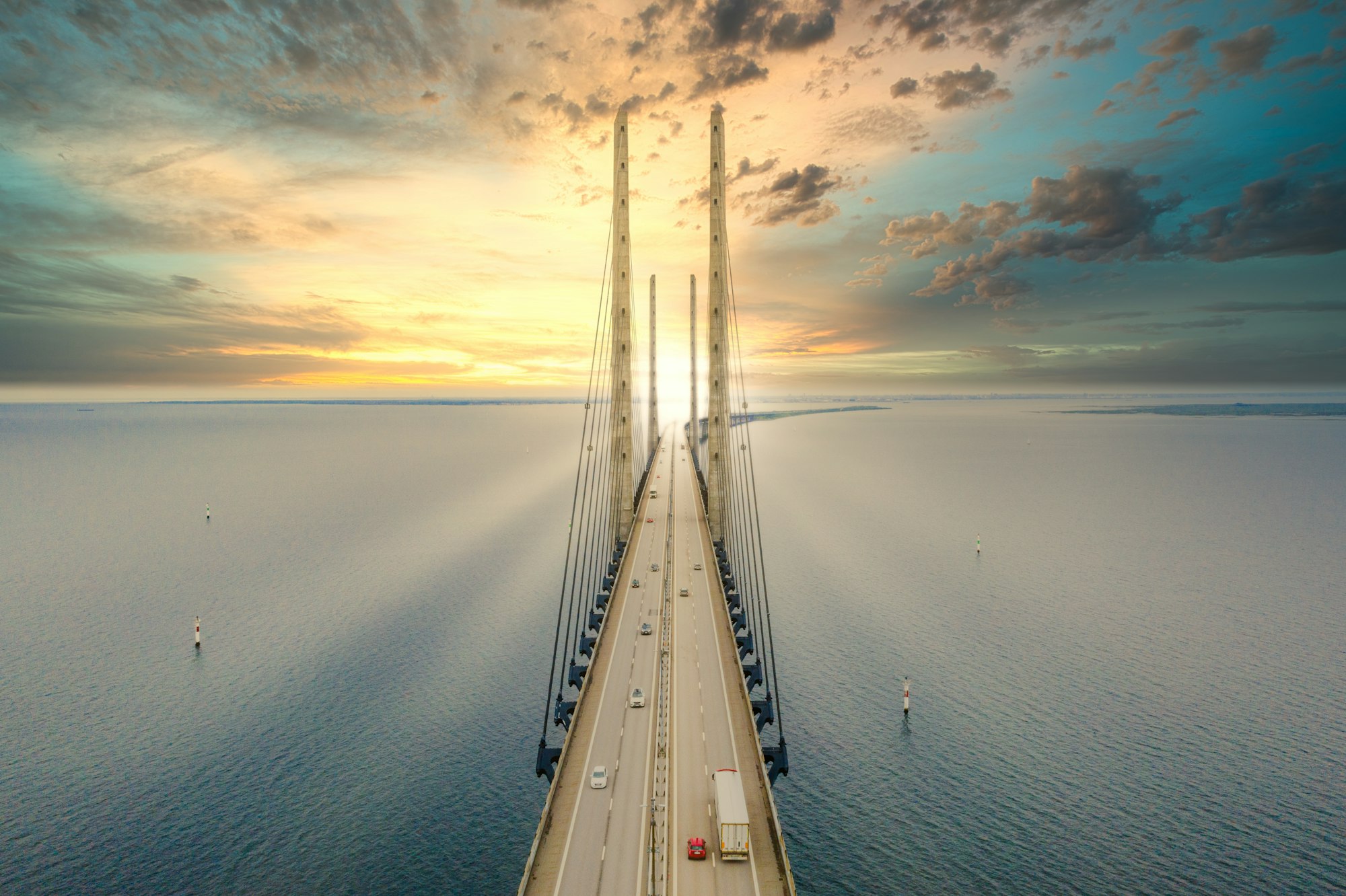 A beautiful aerial view of a sunset through the Oresund bridge between Denmark and Sweden