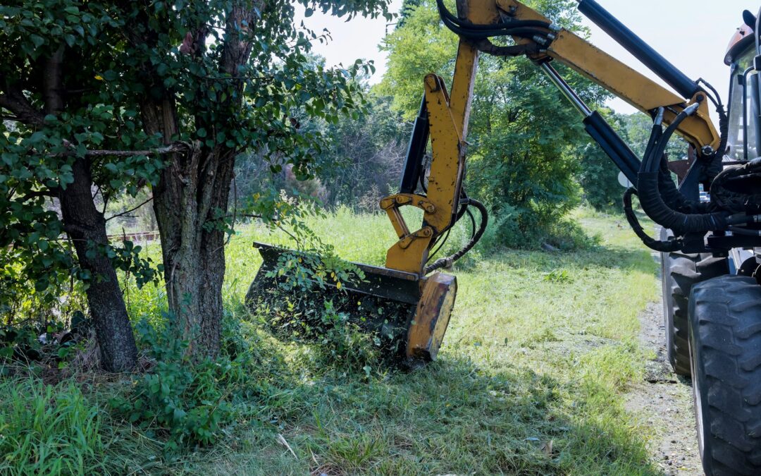 Road services landscaping around roads in tractor with a mechanical mower mowing grass on the side